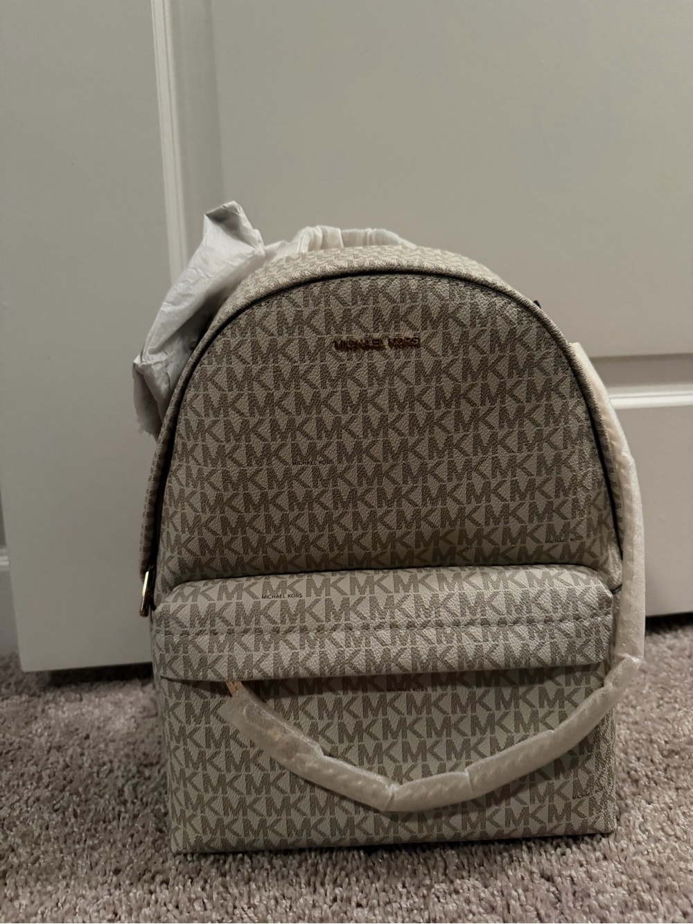 Michael Kors Beige MK Signature Mini Backpack with Gold Accent